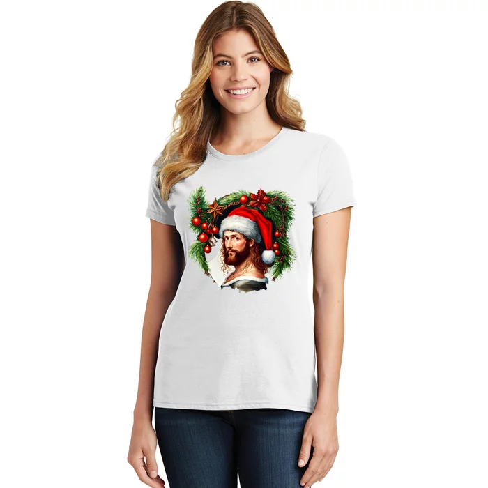 Christmas Jesus In Santa Hat Portrait Decorations Women's T-Shirt