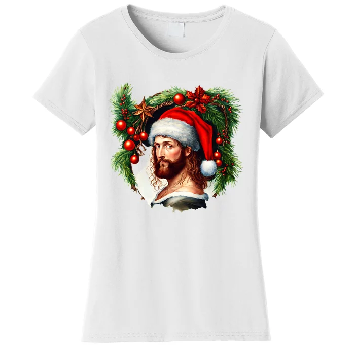 Christmas Jesus In Santa Hat Portrait Decorations Women's T-Shirt