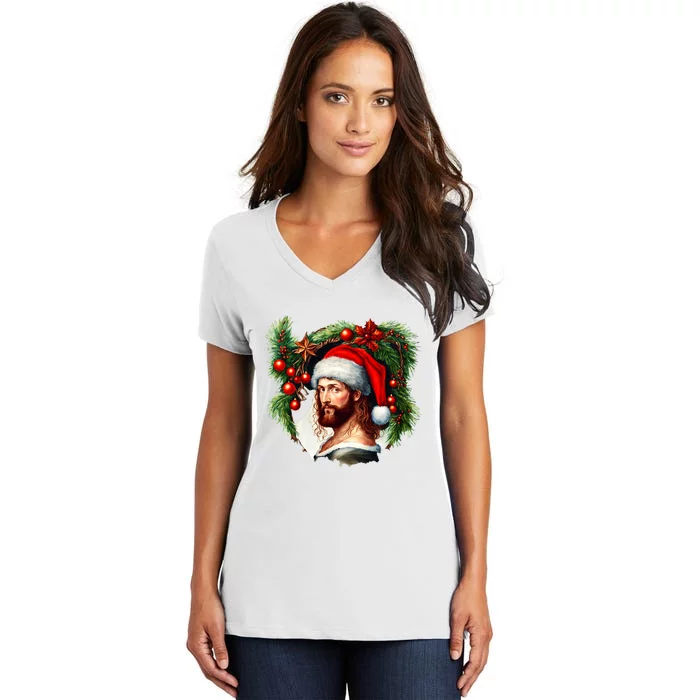 Christmas Jesus In Santa Hat Portrait Decorations Women's V-Neck T-Shirt