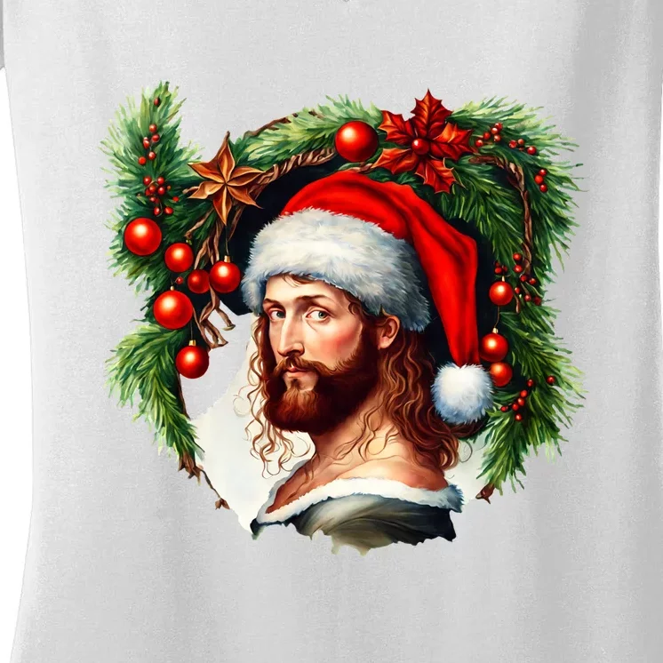 Christmas Jesus In Santa Hat Portrait Decorations Women's V-Neck T-Shirt