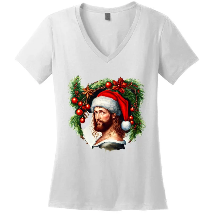 Christmas Jesus In Santa Hat Portrait Decorations Women's V-Neck T-Shirt