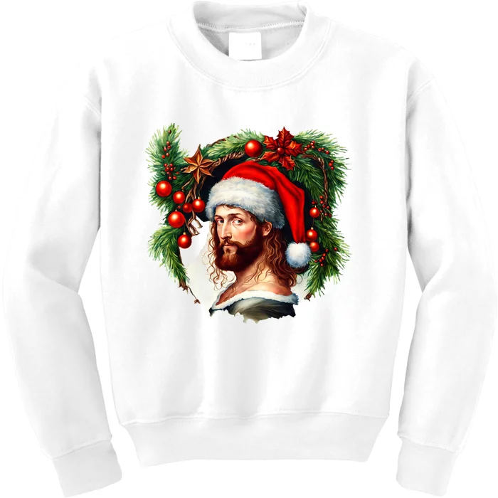 Christmas Jesus In Santa Hat Portrait Decorations Kids Sweatshirt