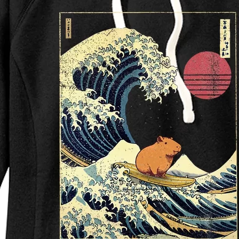 Capybara Japanese Kanagawa Wave Funny Surf Animal Women's Fleece Hoodie