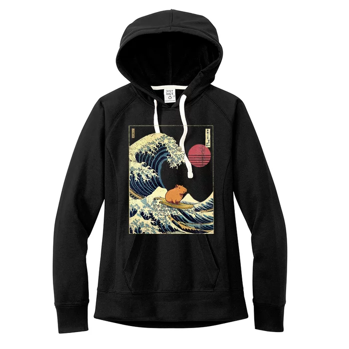 Capybara Japanese Kanagawa Wave Funny Surf Animal Women's Fleece Hoodie