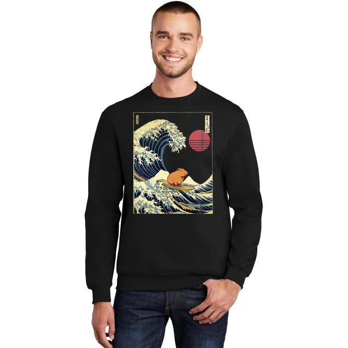 Capybara Japanese Kanagawa Wave Funny Surf Animal Tall Sweatshirt