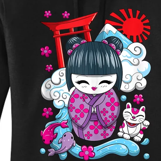 Cute Japanese Kawaii Kokeshi Doll Wave Lucky Cat Ank Op Women's Pullover Hoodie