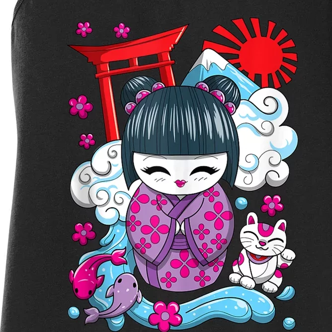 Cute Japanese Kawaii Kokeshi Doll Wave Lucky Cat Ank Op Women's Racerback Tank