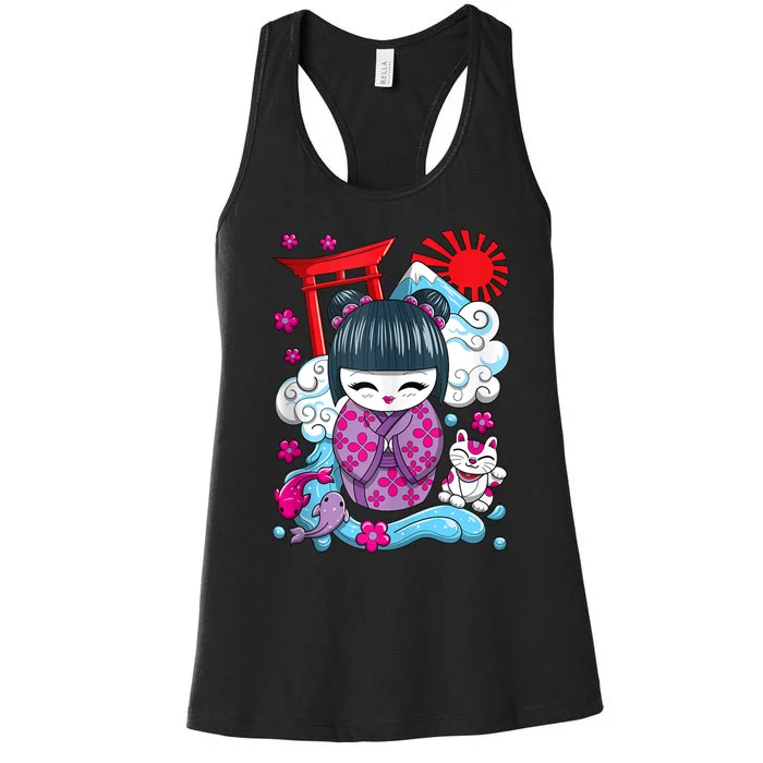 Cute Japanese Kawaii Kokeshi Doll Wave Lucky Cat Ank Op Women's Racerback Tank