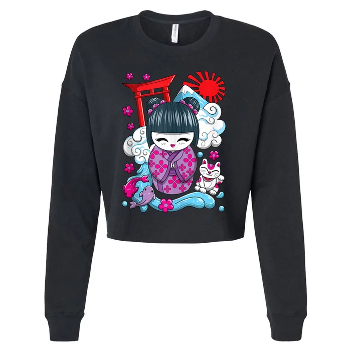 Cute Japanese Kawaii Kokeshi Doll Wave Lucky Cat Ank Op Cropped Pullover Crew