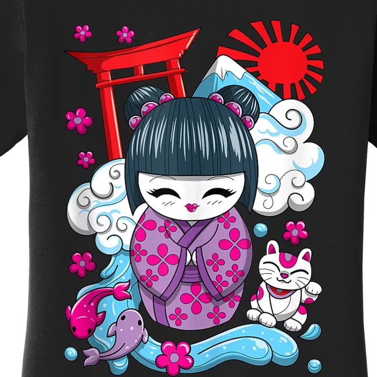 Cute Japanese Kawaii Kokeshi Doll Wave Lucky Cat Ank Op Women's T-Shirt