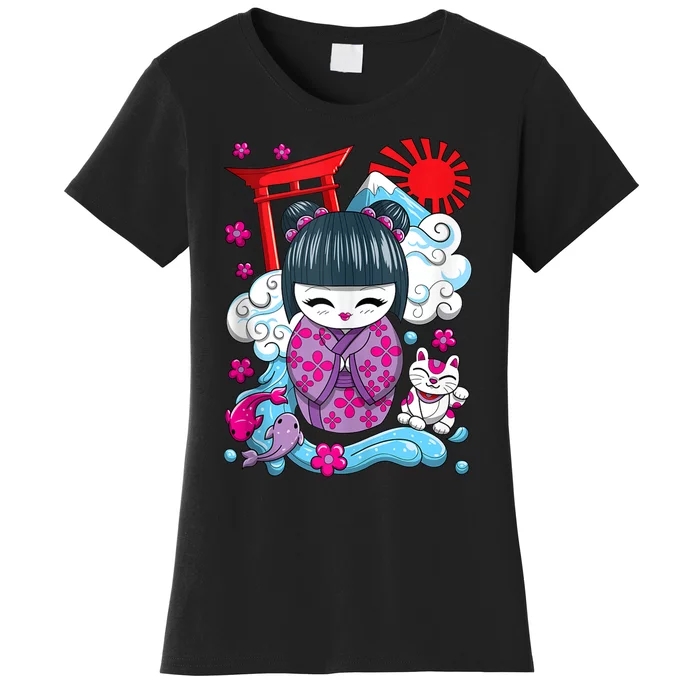 Cute Japanese Kawaii Kokeshi Doll Wave Lucky Cat Ank Op Women's T-Shirt