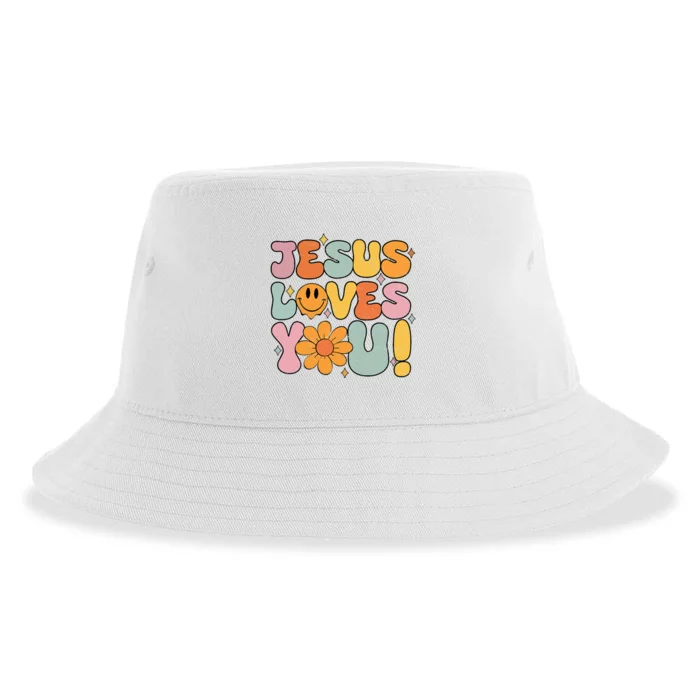 Christian Jesus Loves You Groovy Vintage Cute Sustainable Bucket Hat