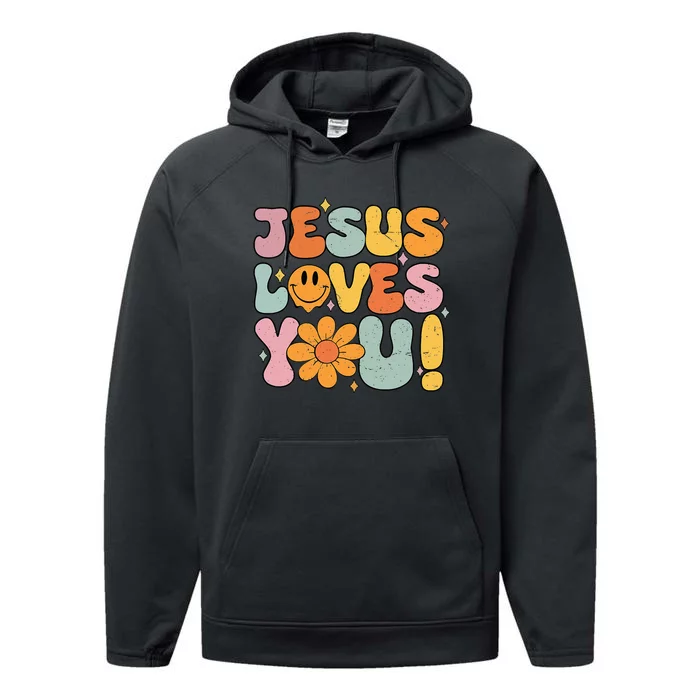 Christian Jesus Loves You Groovy Vintage Cute Performance Fleece Hoodie