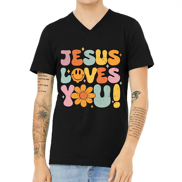 Christian Jesus Loves You Groovy Vintage Cute V-Neck T-Shirt