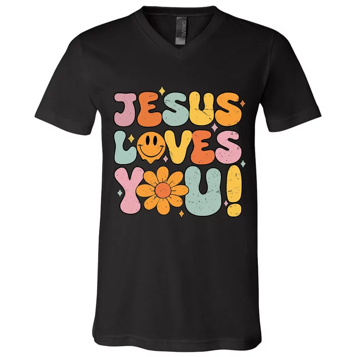 Christian Jesus Loves You Groovy Vintage Cute V-Neck T-Shirt