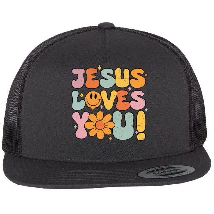 Christian Jesus Loves You Groovy Vintage Cute Flat Bill Trucker Hat