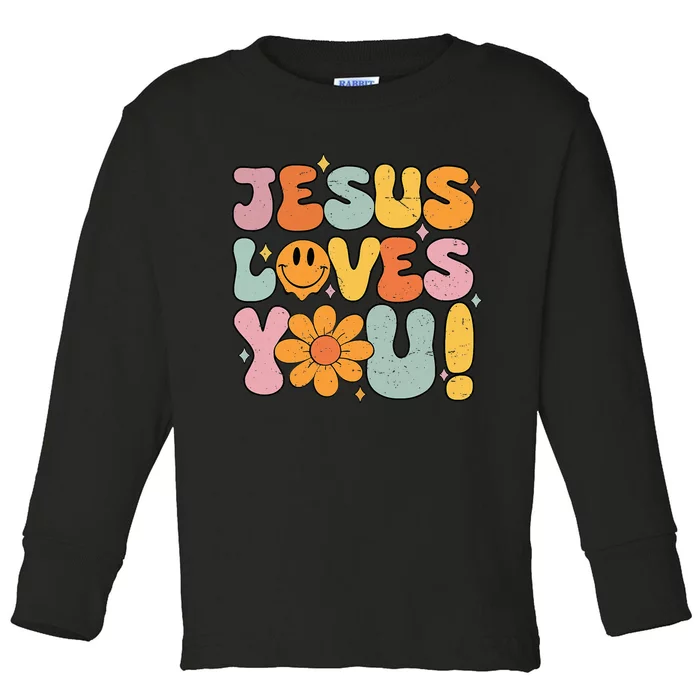 Christian Jesus Loves You Groovy Vintage Cute Toddler Long Sleeve Shirt