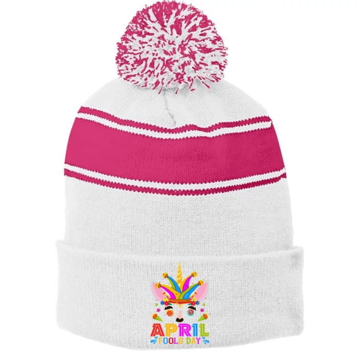 Cute Jester Prankster Unicorn April Fool's Day Joke Pranks Stripe Pom Pom Beanie