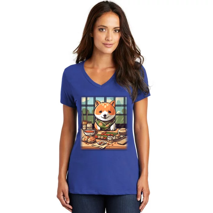 Cute Japanese Sushi Master Dog Chef Kawaii Anime Great Gift Women's V-Neck T-Shirt