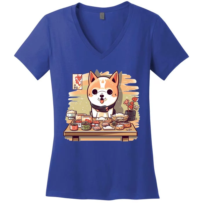 Cute Japanese Sushi Master Dog Chef Kawaii Anime Gift Women's V-Neck T-Shirt