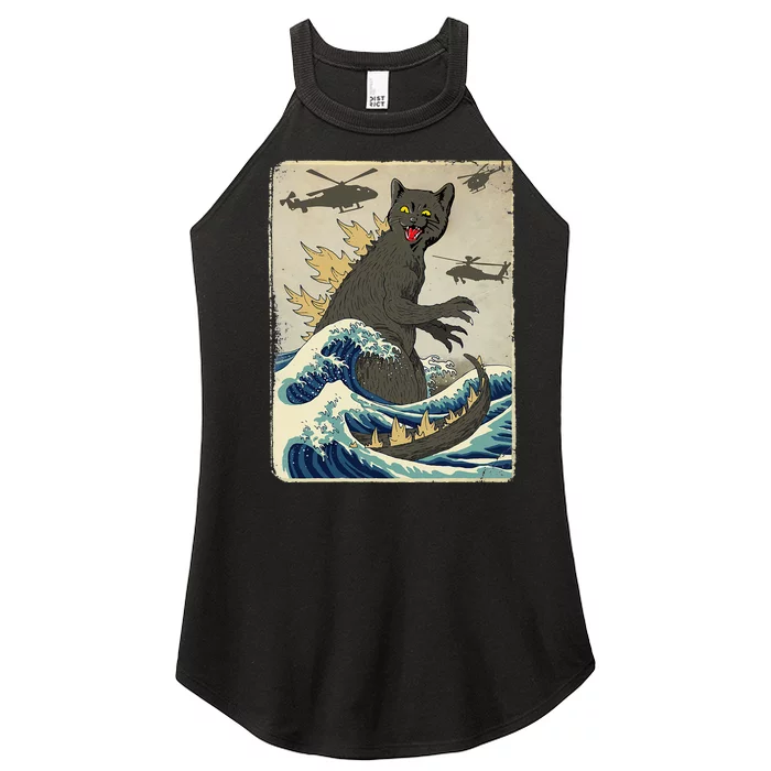 Catzilla Japanese Sunset Print For Cat Mom Dad Women’s Perfect Tri Rocker Tank