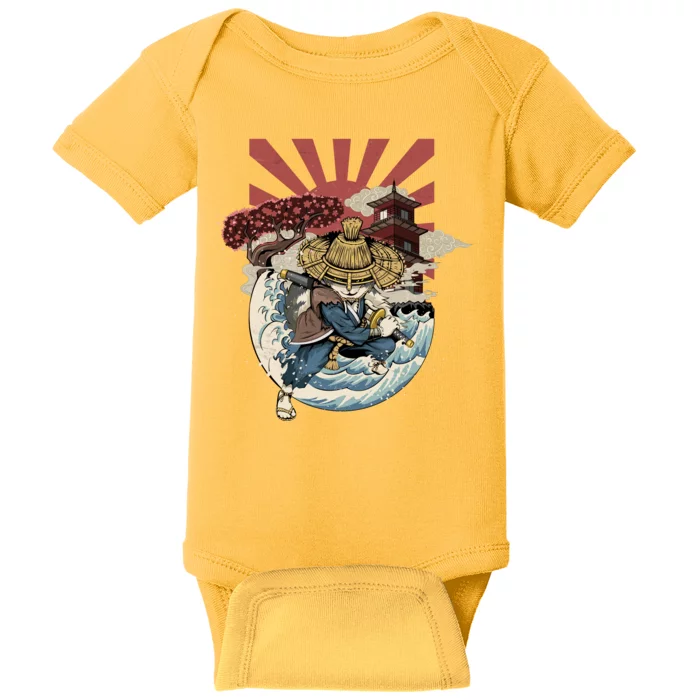 Cool Japanese Samurai Cat Neko Blue Wave Baby Bodysuit