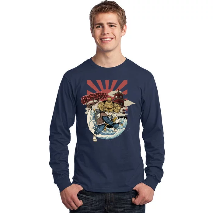 Cool Japanese Samurai Cat Neko Blue Wave Tall Long Sleeve T-Shirt