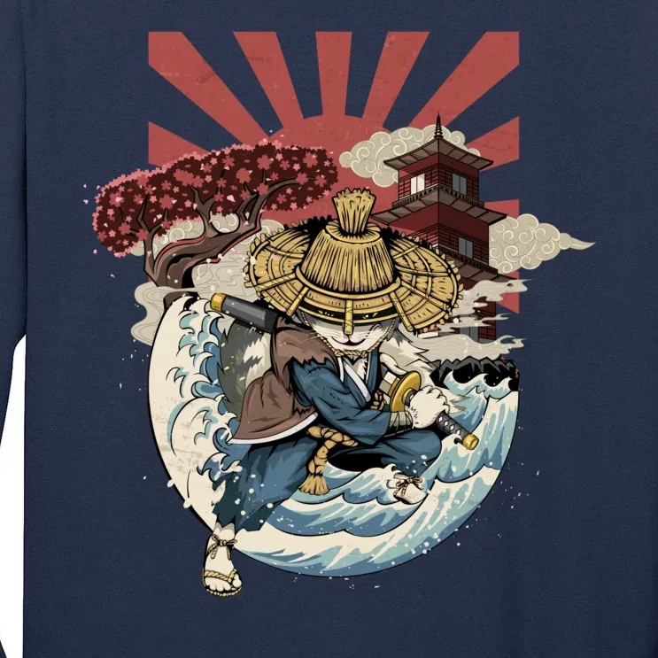 Cool Japanese Samurai Cat Neko Blue Wave Tall Long Sleeve T-Shirt