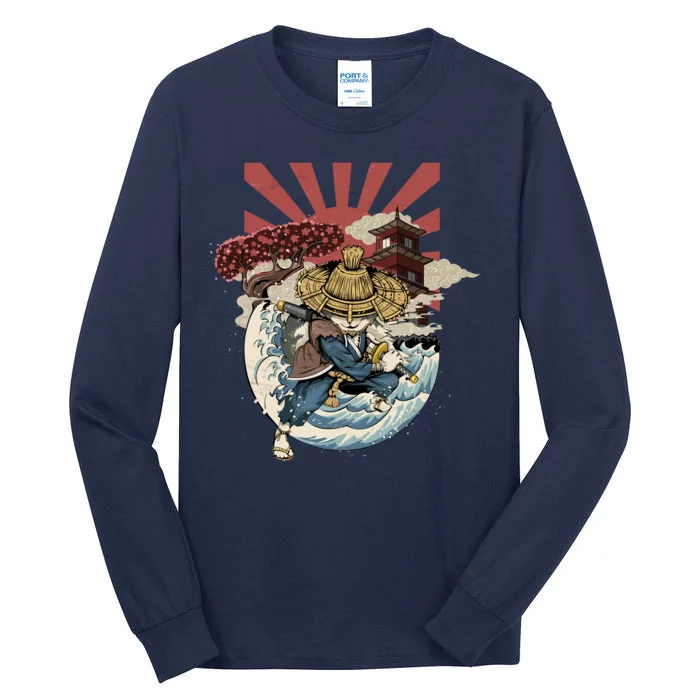 Cool Japanese Samurai Cat Neko Blue Wave Tall Long Sleeve T-Shirt