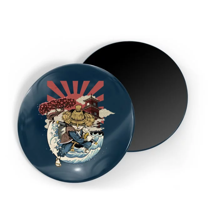 Cool Japanese Samurai Cat Neko Blue Wave Magnet