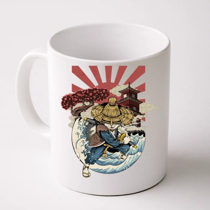 Cool Japanese Samurai Cat Neko Blue Wave Front & Back Coffee Mug