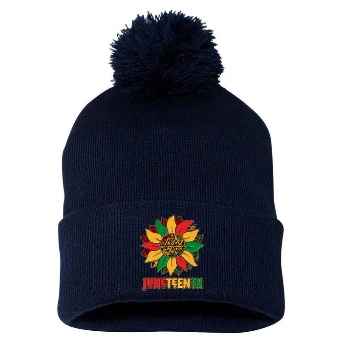 Celebrate Juneteenth Traditional African Pattern Sunflower Pom Pom 12in Knit Beanie