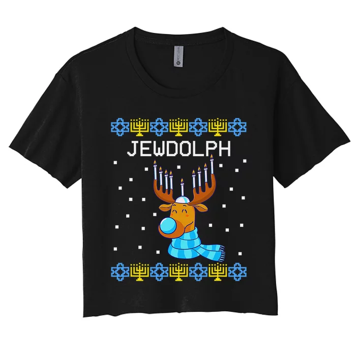 Chanukah Jewdolph Ugly Hanukkah Sweater Reindeer Women's Crop Top Tee