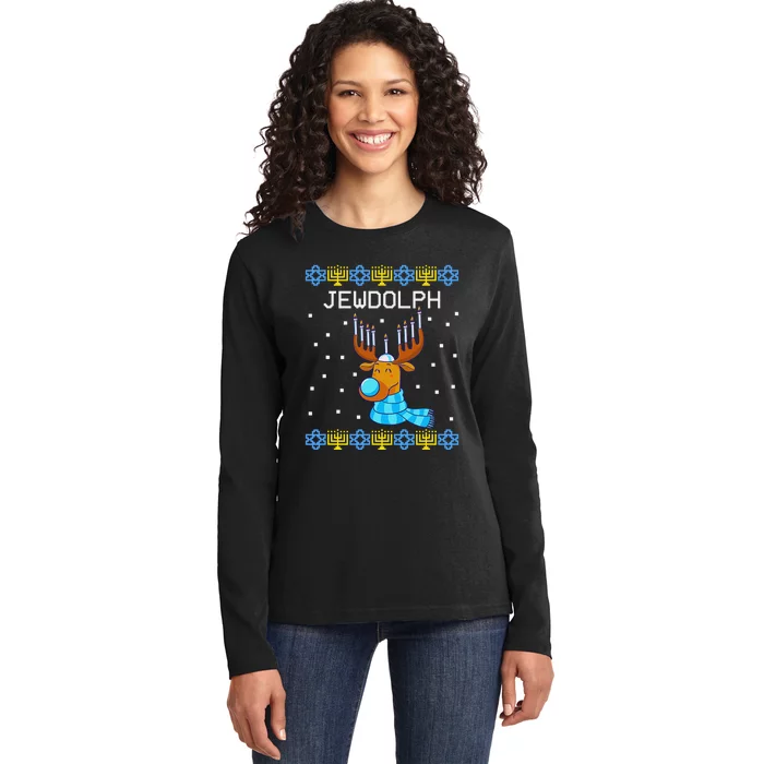 Chanukah Jewdolph Ugly Hanukkah Sweater Reindeer Ladies Long Sleeve Shirt