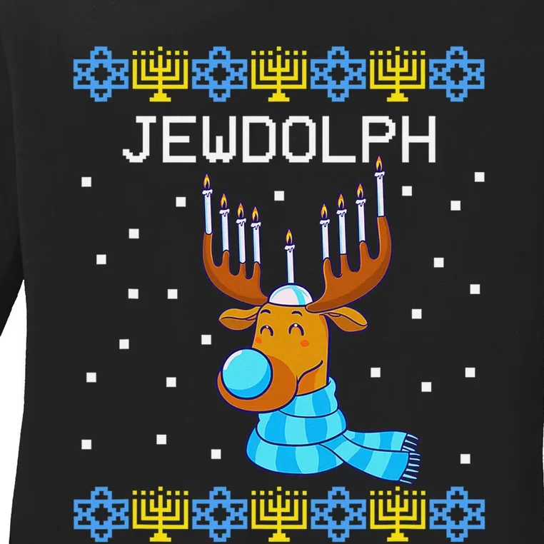 Chanukah Jewdolph Ugly Hanukkah Sweater Reindeer Ladies Long Sleeve Shirt