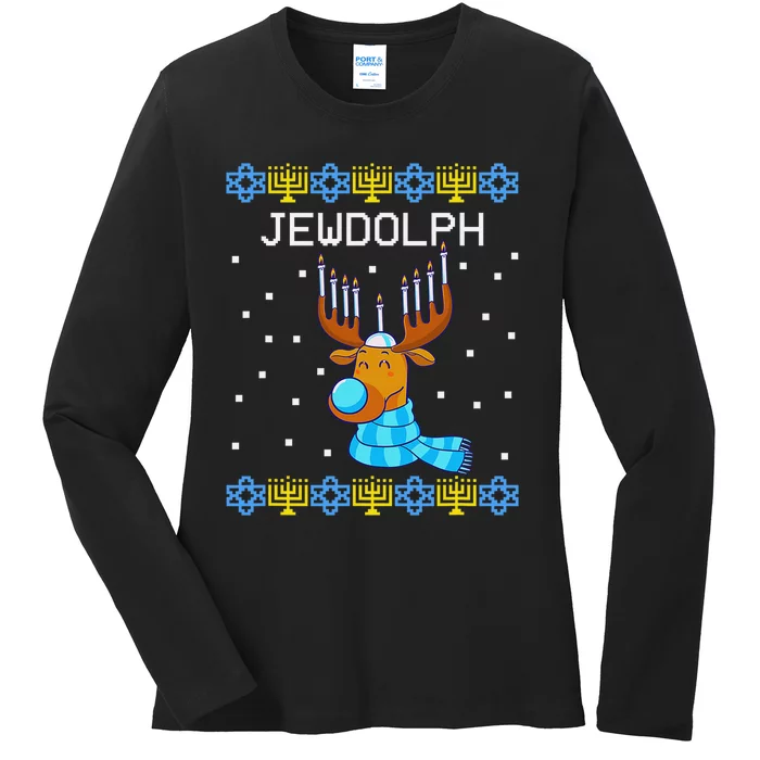 Chanukah Jewdolph Ugly Hanukkah Sweater Reindeer Ladies Long Sleeve Shirt