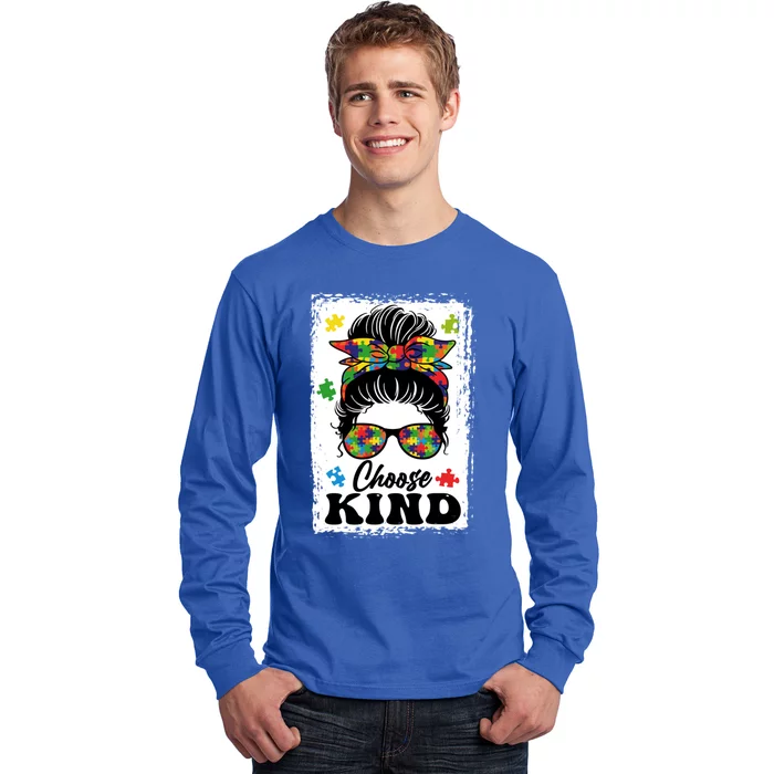 Choose Kind Autism Awareness Messy Bun Meaningful Gift Long Sleeve Shirt