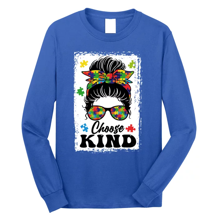 Choose Kind Autism Awareness Messy Bun Meaningful Gift Long Sleeve Shirt