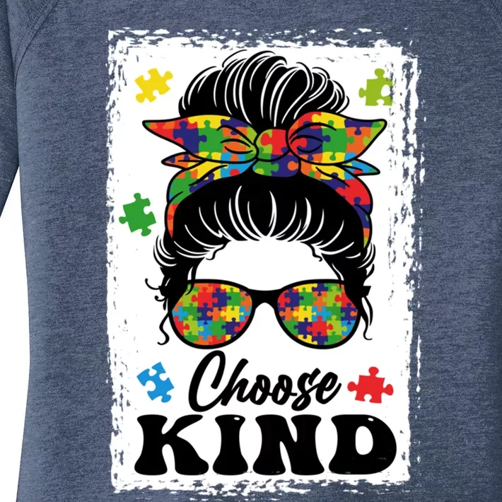 Choose Kind Autism Awareness Messy Bun Meaningful Gift Women's Perfect Tri Tunic Long Sleeve Shirt