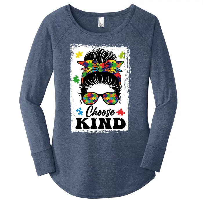 Choose Kind Autism Awareness Messy Bun Meaningful Gift Women's Perfect Tri Tunic Long Sleeve Shirt