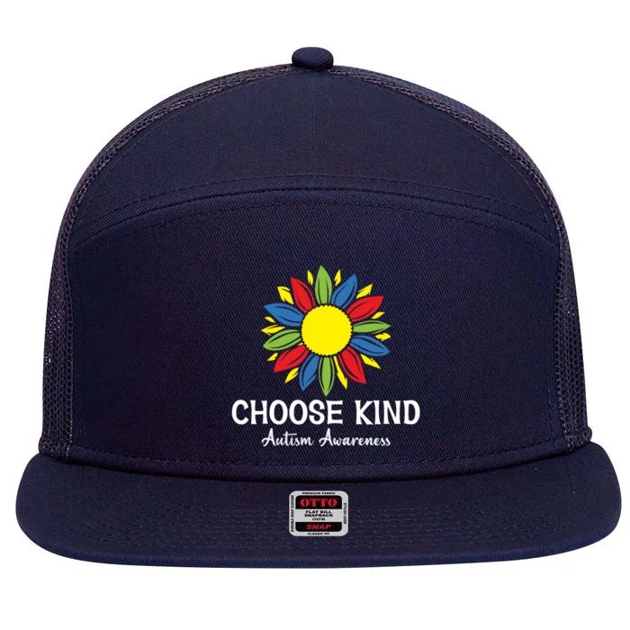 Choose Kind Autism Awareness Month Parents Sunflower Lover Cool Gift 7 Panel Mesh Trucker Snapback Hat