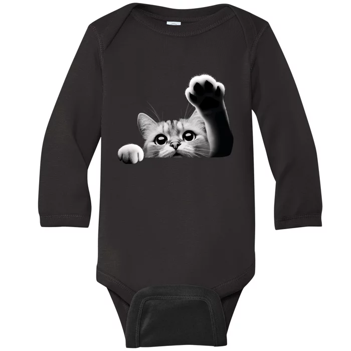 Cute Kitten Big Eyes Cat Outstretched Paw Baby Long Sleeve Bodysuit