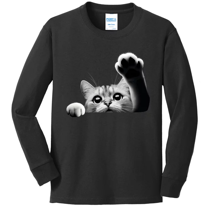 Cute Kitten Big Eyes Cat Outstretched Paw Kids Long Sleeve Shirt