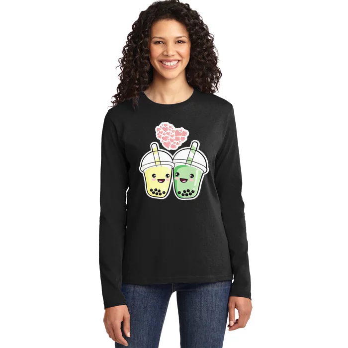 Cute Kawaii Boba Bubble Tea Ladies Long Sleeve Shirt