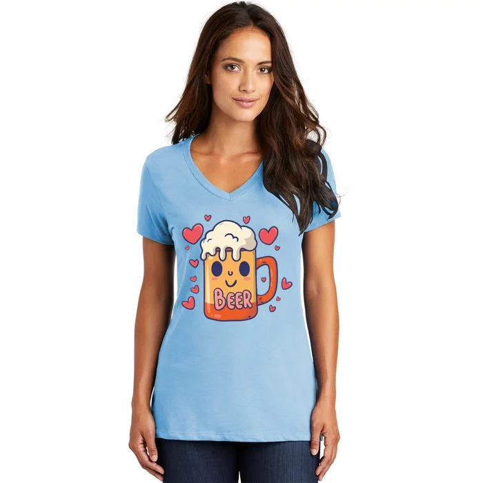 Cute Kawaii Beer Mug Beer Love Women's V-Neck T-Shirt