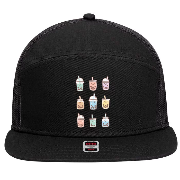 Cute Kawaii Boba Anime Bubble Tea Pastel 7 Panel Mesh Trucker Snapback Hat