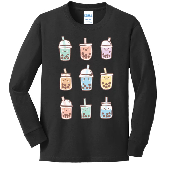 Cute Kawaii Boba Anime Bubble Tea Pastel Kids Long Sleeve Shirt