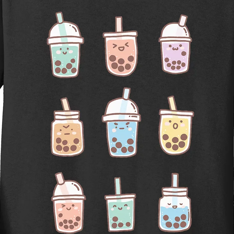 Cute Kawaii Boba Anime Bubble Tea Pastel Kids Long Sleeve Shirt