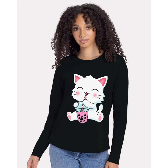 Cute Kawaii Bubble Tea Tshirt Boba Milk Tea Anime Cat Womens Cotton Relaxed Long Sleeve T-Shirt