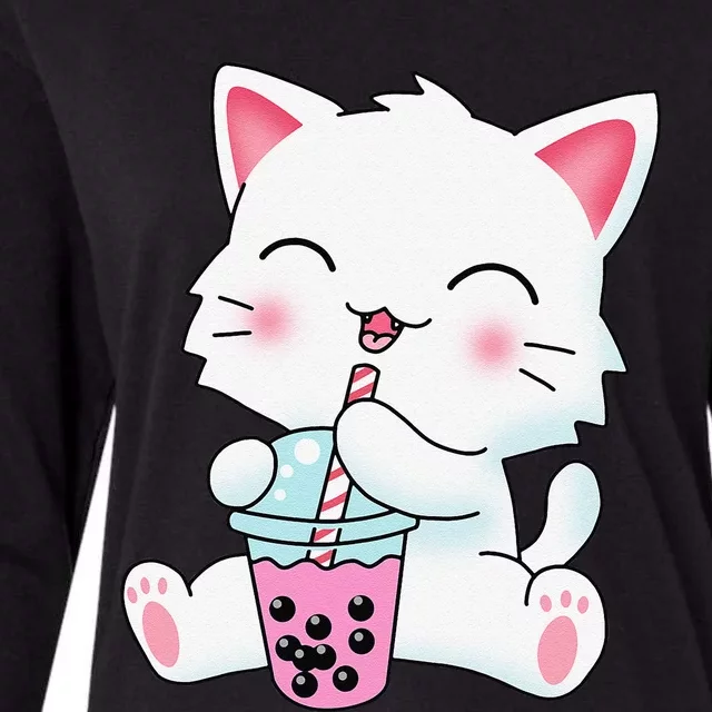 Cute Kawaii Bubble Tea Tshirt Boba Milk Tea Anime Cat Womens Cotton Relaxed Long Sleeve T-Shirt